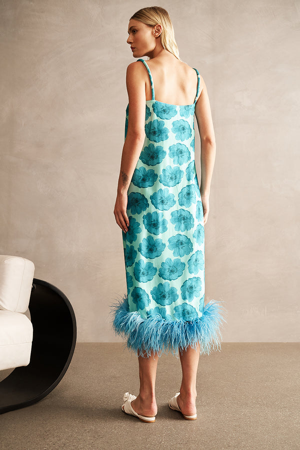 Vestido midi clásico floral con plumas