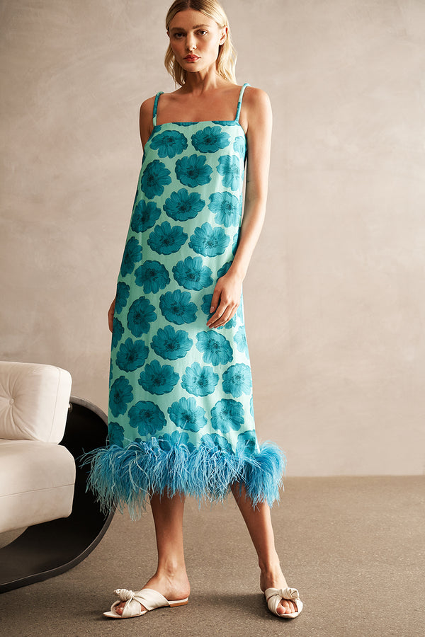 Vestido midi clásico floral con plumas